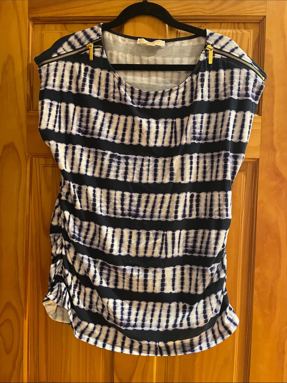 Michael Kors Navy and White Striped Tie-Dye Short Sleeve Top